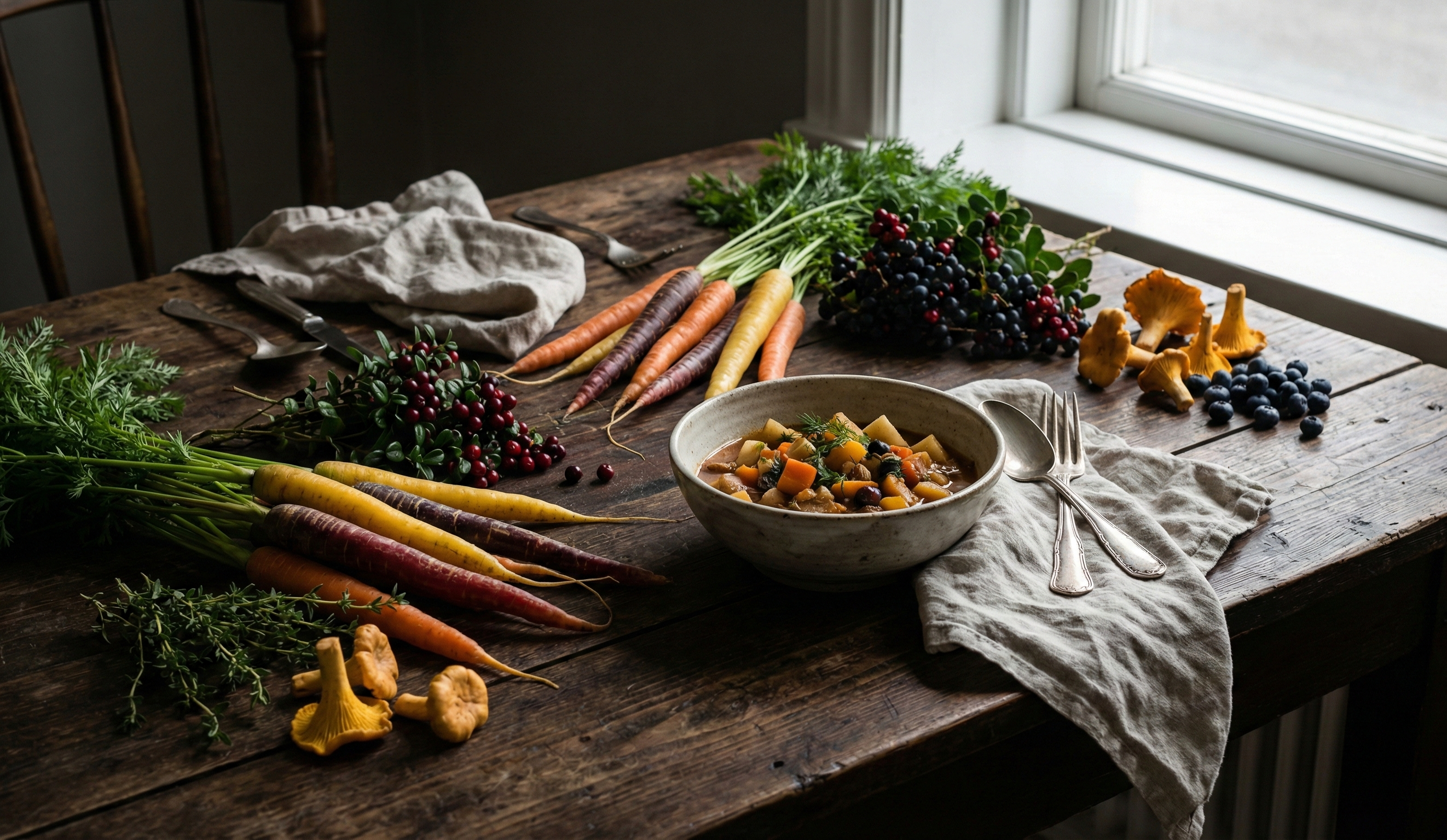 Säsongsbetonad mat på rustikt bord